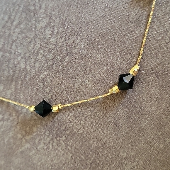 Gold Plated Black Beaded Minimalist Necklace - Picture 2 of 4